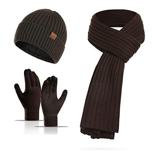 Ommda cappello uomo invernali 3 pezzi cappello sciarpa guanti set beanie in maglia cappello lavorato a maglia con fodera in pile touch screen guanti caffè