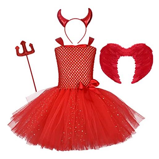 OBEEII costume da ragazza devil dress fairy dress up princess gonna party halloween cosplay con corno fascia per capelli con forcina con ala rossa fluffy tutu fatto a mano rosso 4 pezzi 9-10 anni