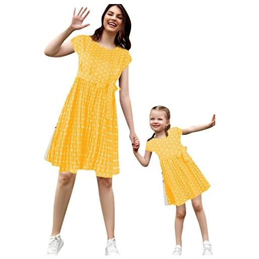 OMZIN abito midi mamma e figlia abbinato abito estivo a pois plissettato abito girocollo con manica a cappuccio giallo m