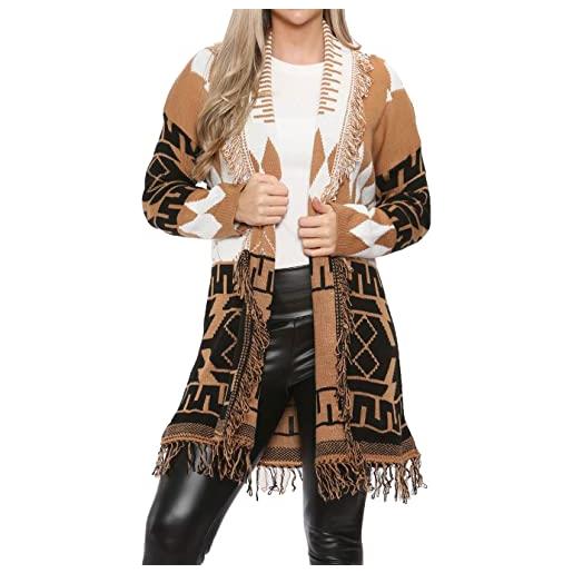 FAIRY TRENDZ cardigan da donna a maniche lunghe aperto davanti con nappa, cardigan astec design lavorato a maglia con frangia, cammello/bianco, 42