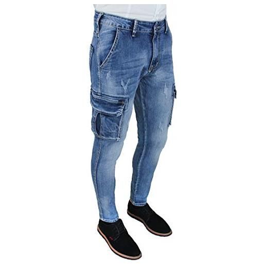 Evoga jeans uomo cargo blu denim pantaloni tasche slim fit skinny con tasconi laterali (48, blu chiaro)