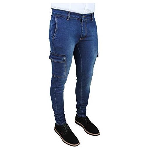 Evoga jeans uomo cargo blu denim pantaloni tasche slim fit skinny con tasconi laterali (58, a3 denim chiaro)