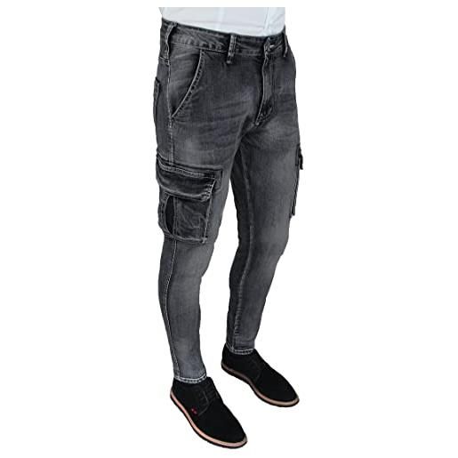 Evoga jeans uomo cargo blu denim pantaloni tasche slim fit skinny con tasconi laterali (56, a3 denim chiaro)