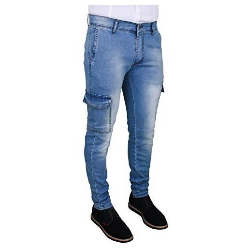 Evoga jeans uomo cargo blu denim pantaloni tasche slim fit skinny con tasconi laterali (52, blu chiaro)