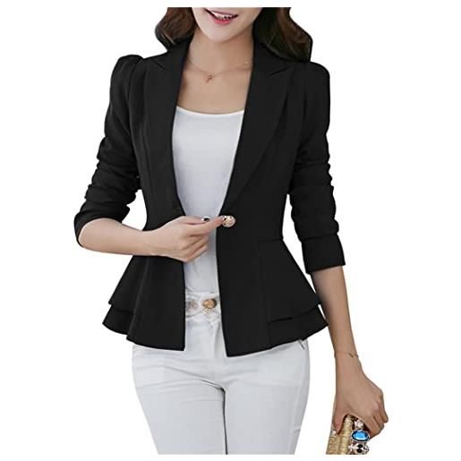 OMZIN donna blazer con un bottone unicolore ufficio cardigan manica lunga orlo increspato giacca oversize nero xl