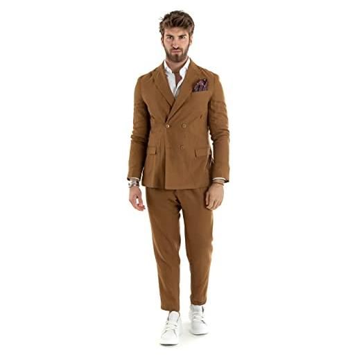 Giosal outfit uomo abito completo lino giacca doppiopetto pantalone classico tinta unita taschino a pochette (50, beige)