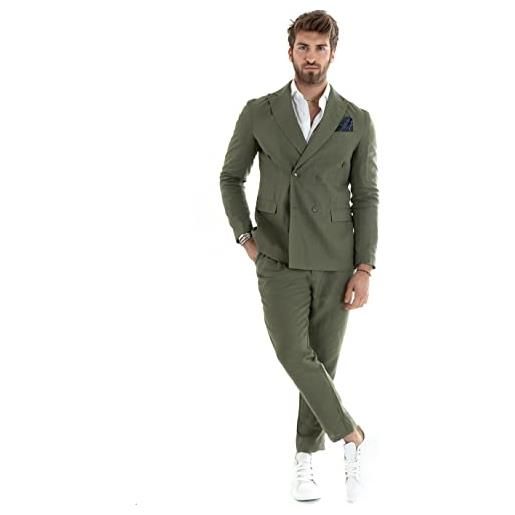 Giosal outfit uomo abito completo lino giacca doppiopetto pantalone classico tinta unita taschino a pochette (52, mattone)