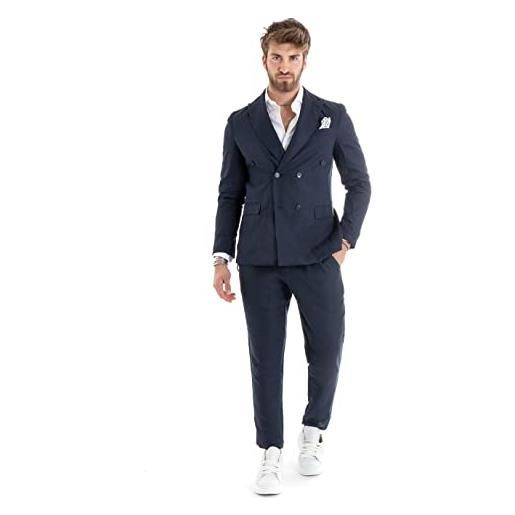 Giosal outfit uomo abito completo lino giacca doppiopetto pantalone classico tinta unita taschino a pochette (48, blu)