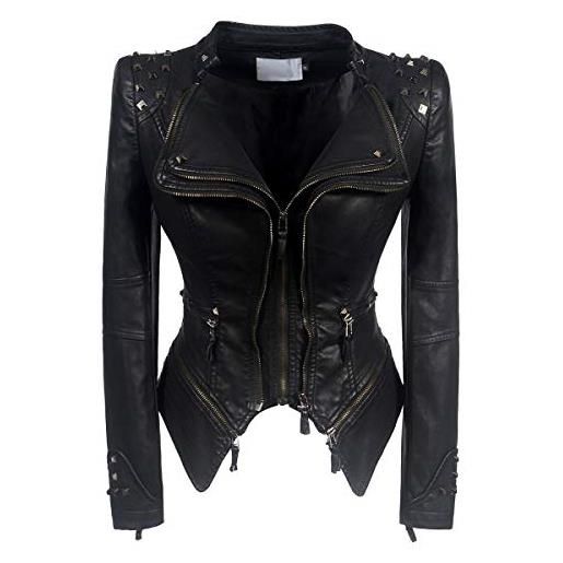DISSA giacca da donna in pelle sintetica con chiusura lampo, p603, nero , xxxl