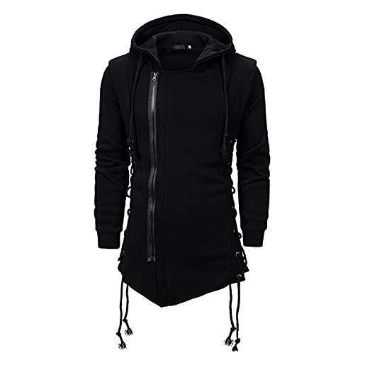 JMSUN - giacca da uomo con cappuccio e cerniera laterale, in pile, stile gotico con cappuccio assassins creed - nero - large