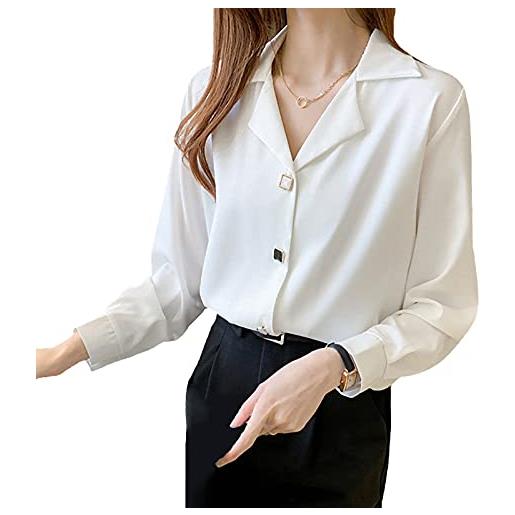 HIYIRUI camicetta di raso per le donne moda manica lunga satinata seta camicia da lavoro ufficio top casual camicia casual, bianca, s