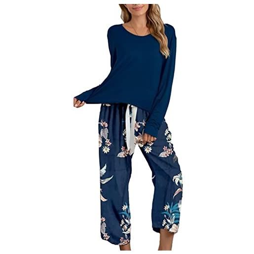 Ausla pigiama donna pigiama due pezzi pigiama lungo abito da casa in due pezzi con scollo tondo(xxl-blu scuro)
