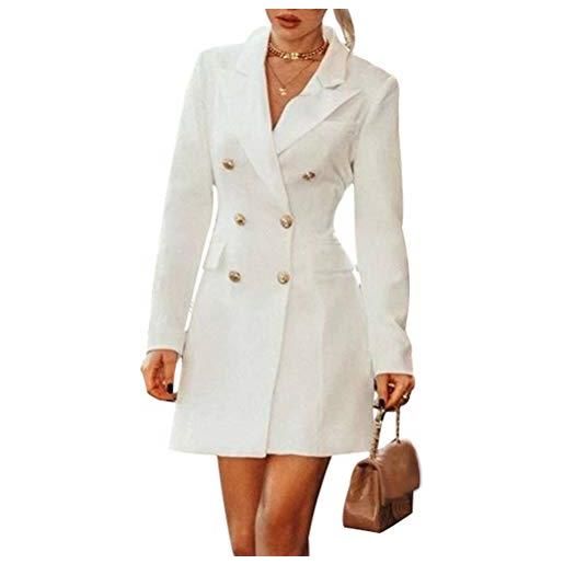 ORANDESIGNE donna vestiti eleganti corti vestitini blazer ragazze manica lunga scollo v abito da giorno doppio petto abiti casual ol vestito tailleur puro colore mini abito b bianco s