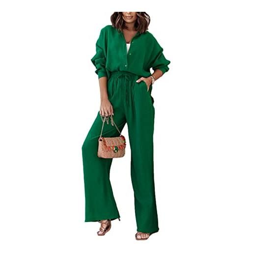 Geagodelia set a pieghe da donna, casual, 2 pezzi, camicetta sciolta a maniche lunghe + pantaloni gamba larga, elastico, verde, xl
