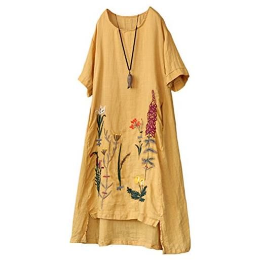 FTCayanz donna vestiti estivi girocollo casual vintage ricamato vestito dress giallo xxl