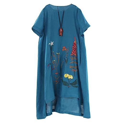 FTCayanz donna vestiti estivi girocollo casual vintage ricamato vestito dress blu xl