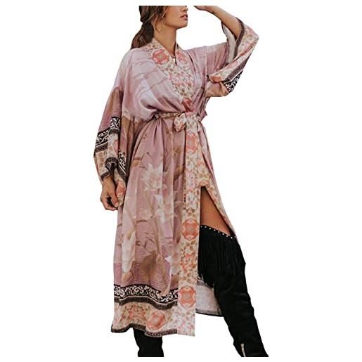 YOUKD cardigan da donna in cotone bohemien lungo kimono spiaggia costume da bagno coprire vestito plus size abito, e foglie bianche, taglia unica
