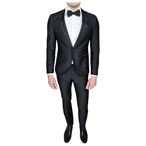 Evoga abito uomo sartoriale raso nero completo smoking damascato floreale elegante cerimonia (nero, 54)