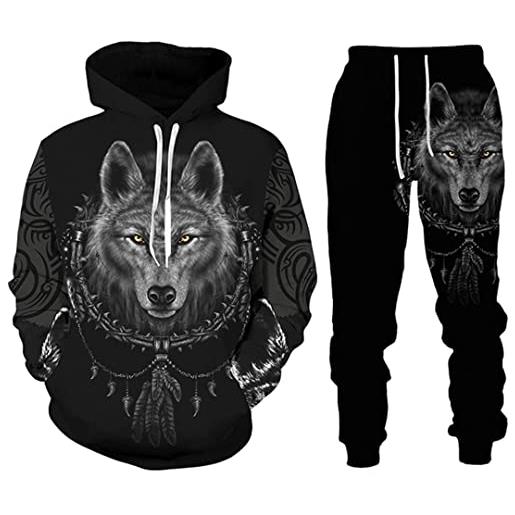 FitKenn 3d wolf stampato felpe + pantaloni 2pc set uomo leone tuta casual pullover uomo streetwear suit, 00935, xxx-large