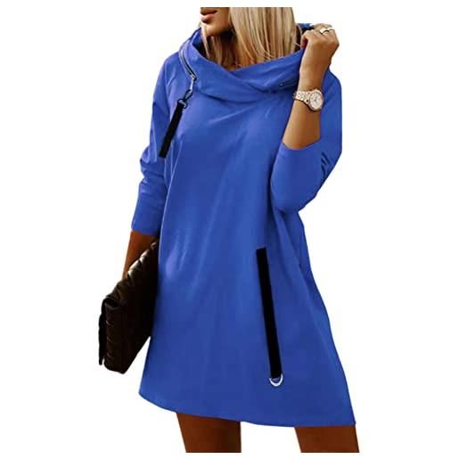 ORANDESIGNE vestito felpa donna con cappuccio e zip invernale abito maglione corto pullover elegante maglietta maniche lunghe curvy vestitino moda casual crewneck sweatshirt blu xl