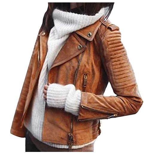 ORANDESIGNE giacca corta da donna in pelle pu giacca pu biker giacca per l'autunno e l'inverno biker motocicletta giacchetto marrone s