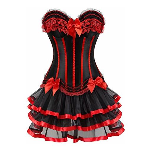 Josamogre corsetto abito striscia pizzo fiori bustino con gonna tutu barocco intimo elegante burlesque donna nero rosa m