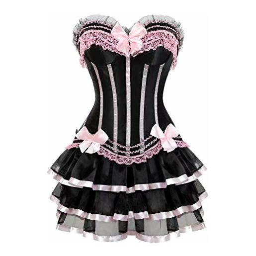 Josamogre corsetto abito striscia pizzo fiori bustino con gonna tutu barocco intimo elegante burlesque donna nero rosa l
