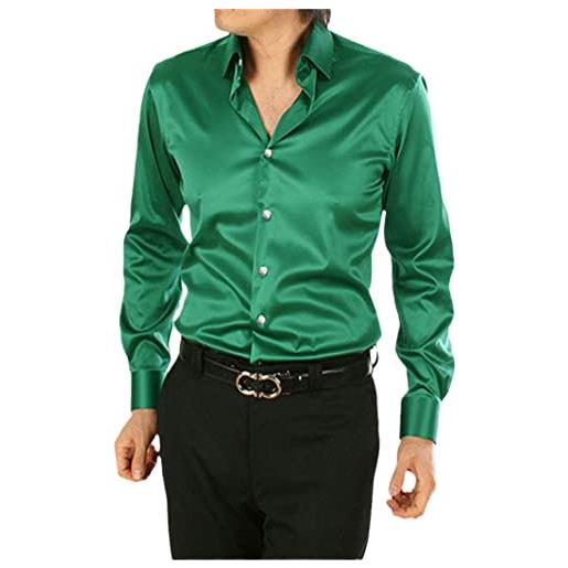 Generic camicia da uomo in raso di seta di lusso slim fit manica lunga camicie casual performance palcoscenico danza party abbigliamento da sposa, verde scuro, 3xl