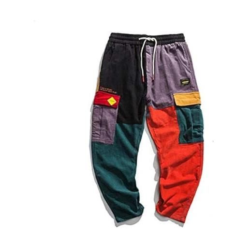 Loeay pantaloni causali da uomo hip hop streetwear color block joggers pantaloni in velluto a coste elastico in vita harem patchwork pant, come da immagine, xxl