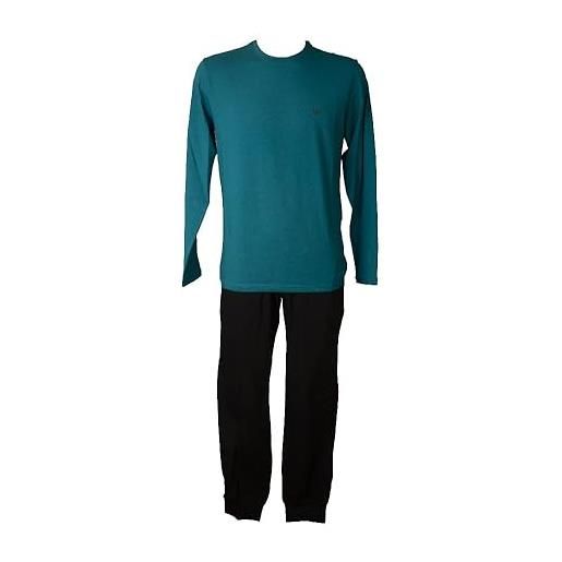 Emporio Armani pigiama uomo cotone maglia girocollo pantalone elastico a vista con tasche laterali articolo 111789 2f720, 22332 topaz - black / topazio - nero, l