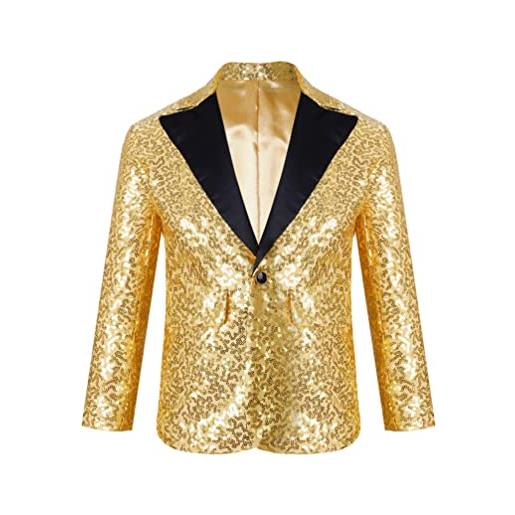YiZYiF bambini ragazzi shiny paillettes giacca manica lunga blazer slim fit tuxedo giacca con v neck wedding compleanno giacca oro 9-10 anni