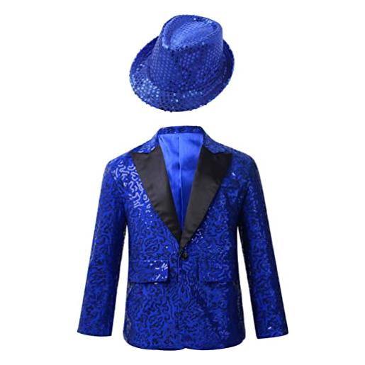 YiZYiF bambini ragazzi shiny paillettes giacca manica lunga blazer slim fit tuxedo giacca con v neck wedding compleanno giacca blu a 11-12 anni