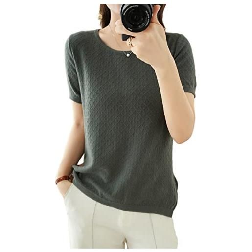 Ailaile maglione a maniche corte da donna con scollo rotondo sottile in cotone lavorato a maglia leggera, colore: grigio verde. , m