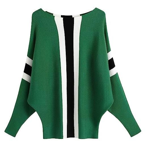 FULIER - maglione dolman da donna, con maniche a pipistrello e scollo a barchetta, lavorato a maglia, vestibilità ampia, taglia unica, verde-2, taglia unica