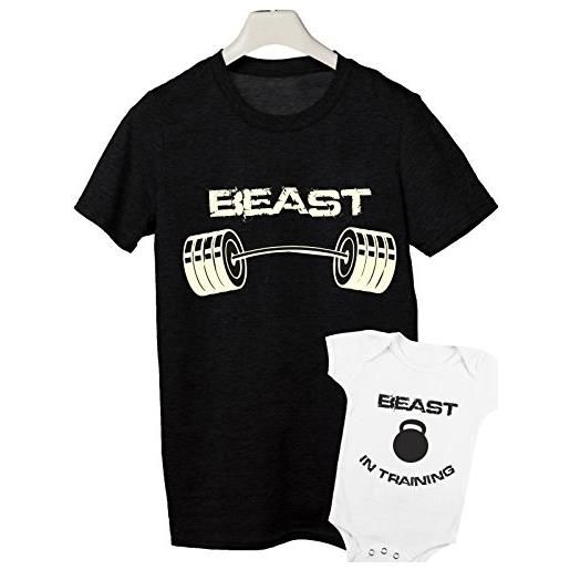 T-shirteria coppia body neonato maglietta festa papà beast in training bestia palestra in allenamento divertente padre bimbo