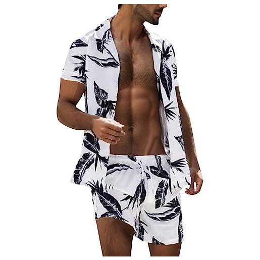 QWUVEDS tuta da uomo primaverile estiva casual floreale beach suit tropical casual button-down camicia a maniche corte stampata breve set di abbigliamento da corsa, 0710b-bianco, l