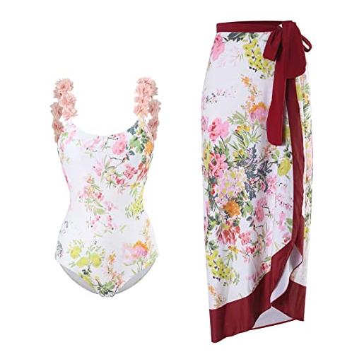 GIBZ costume da bagno intero con sarong pareo per donna boho floral vita alta swimsuit wrap per vacanze al mare, m