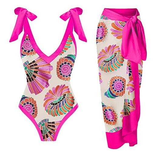 GIBZ costume da bagno intero con sarong pareo per donna boho floral vita alta swimsuit wrap per vacanze al mare, l