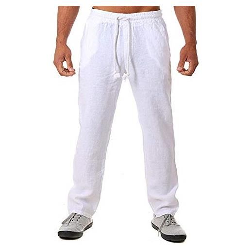 Vanvene - pantaloni da uomo con orlo aperto, in lino, stile casual, con coulisse elastica, pantaloni da yoga, spiaggia, uomo, nero , xxl