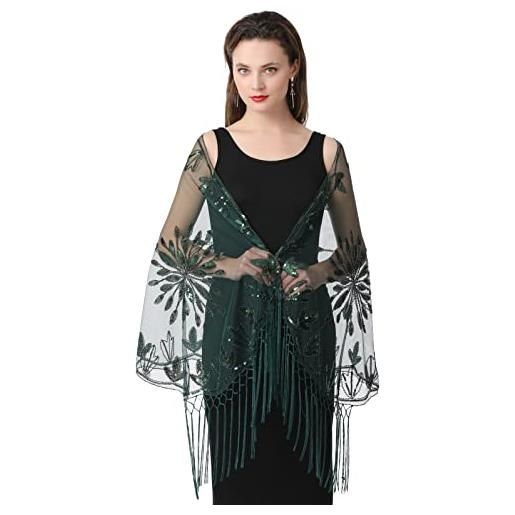 BESTORI scialle da donna glitter paillettes stola con frangia estivo sciarpa per cerimonia matrimoni festa verde