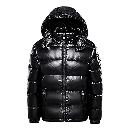 Earnmore uomini caldi piumini tinta unita inverno neve piumini con cappuccio cerniera metallo brillante giacca a vento parka, nero, l
