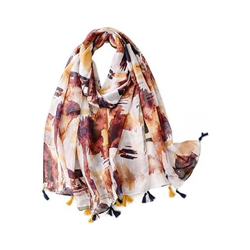LumiSyne voile sciarpa donna stampato floreale pianta motivi geometriche con nappa bicolore scialle velo leggera lunga morbida foulard stola