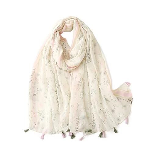 LumiSyne voile sciarpa donna stampato floreale pianta motivi geometriche con nappa bicolore scialle velo leggera lunga morbida foulard stola