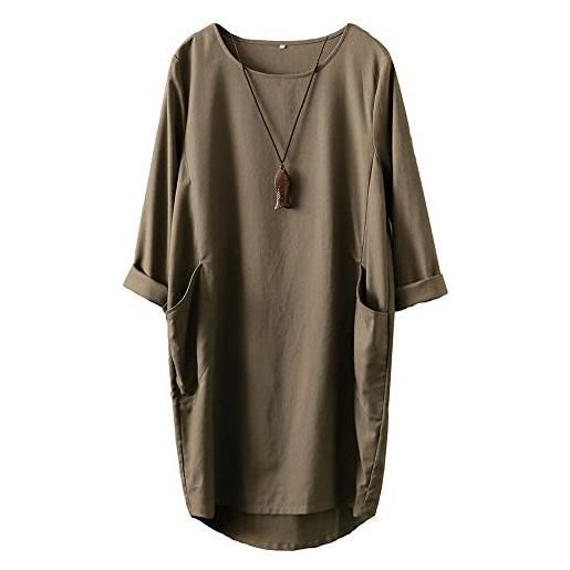 FTCayanz donna vestito tunica t-shirt lino abito manica lunga mini sciolto abiti elegante grigio xxl