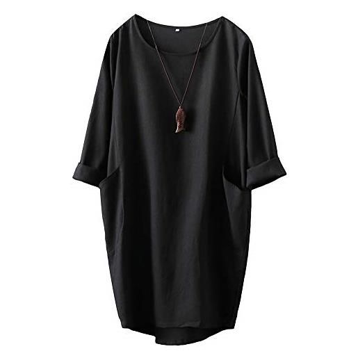 FTCayanz donna vestito tunica t-shirt lino abito manica lunga mini sciolto abiti elegante grigio xxl