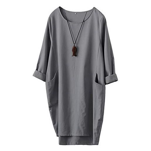 FTCayanz donna vestito tunica t-shirt lino abito manica lunga mini sciolto abiti elegante grigio l