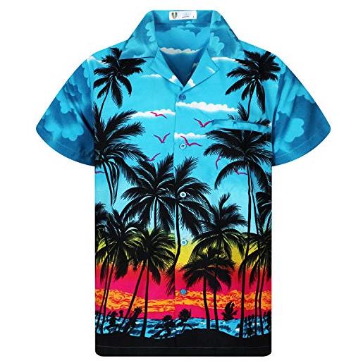 V.H.O., camicia hawaiana eccentrica, da uomo, a maniche corte, con taschino frontale, stampa hawaiana, palme e mare beach turchese. Xxxxl