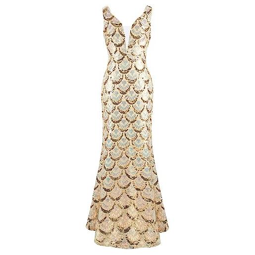 Angel-fashions da donna collo a v giunzione tulle modello paillettes elegante lungo sirena abito da ballo gold medium