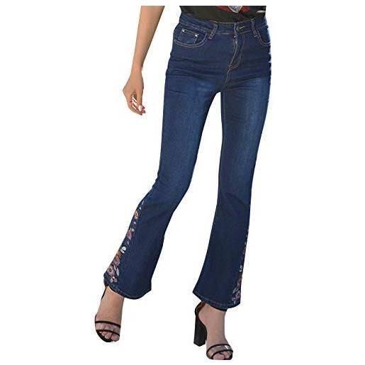 Minetom donna bootcut jeans a zampa di elefante pantaloni vita alta elasticizzati stretch floreale ricamato denim pantalone con tasche d blu scuro m