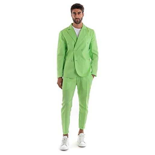 Giosal abito uomo competo outfit giacca pantalone tinta unita lino elegante doppiopetto (46, verde)